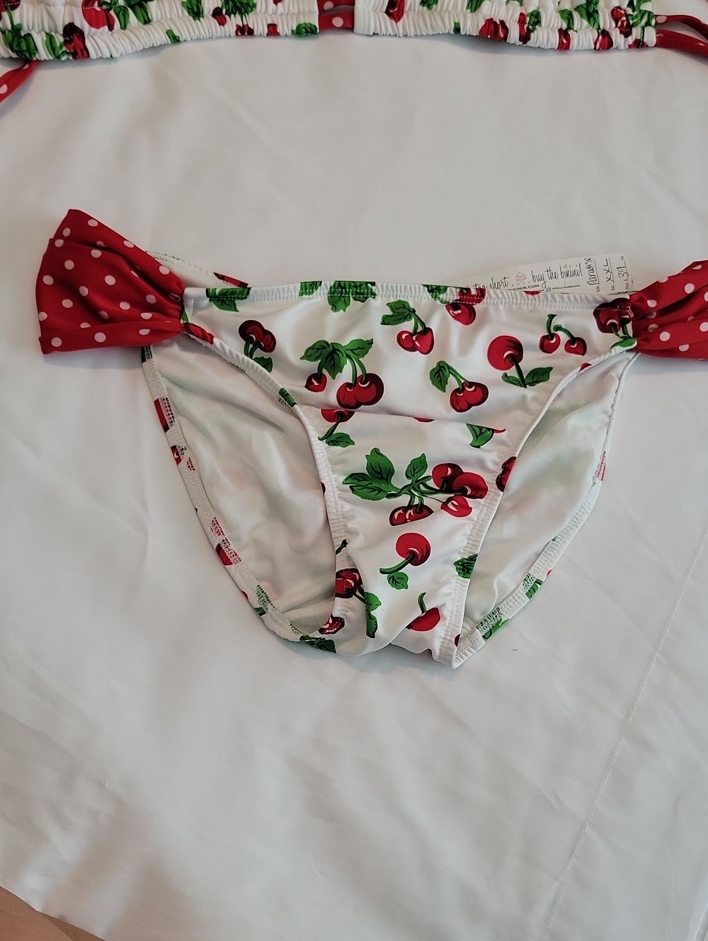Womans Cherry-Print Bikini Bottom with Red Polka Dot Ties